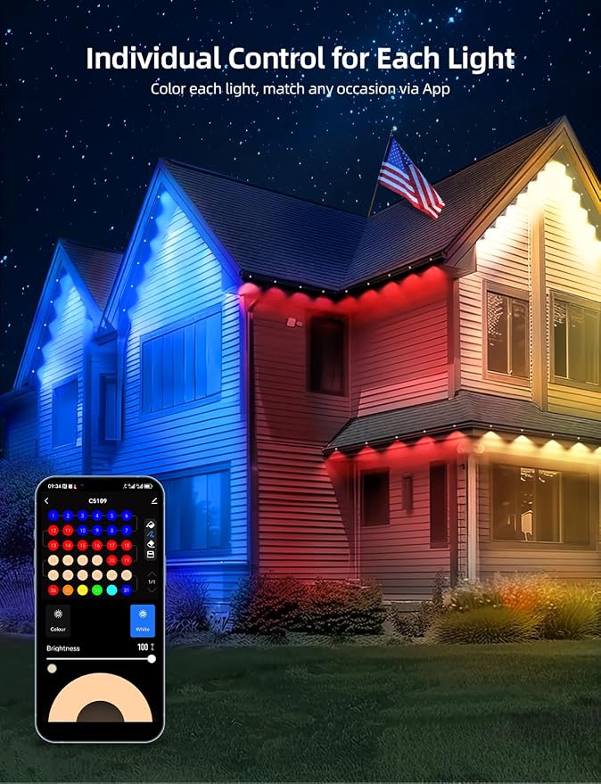Permanent Outdoor Lights 50FT with 36 LEDs, Smart Eaves Lights RGBW | Waterproof Outdoor String Lights, 110+ Scene Modes, 40lm Warm White, for Daily/Holiday Decor, App/Voice/Remote Control, White