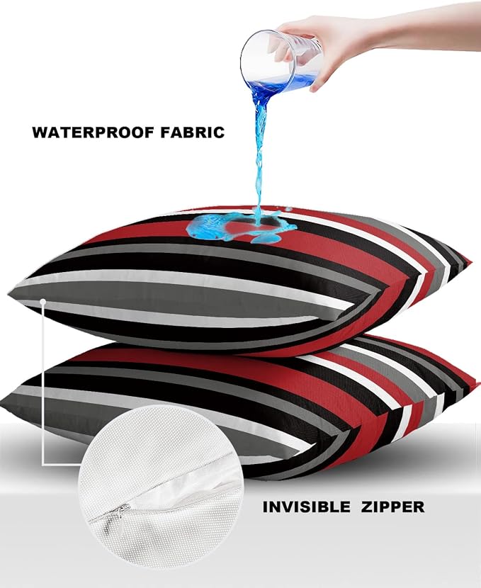 Vandarllin Outdoor Throw Pillows Covers 20X20 Set of 2 Waterproof Simple Stripe Decorative Zippered Lumbar Cushion Covers for Patio Furniture, Red and Black Geometric Pattern