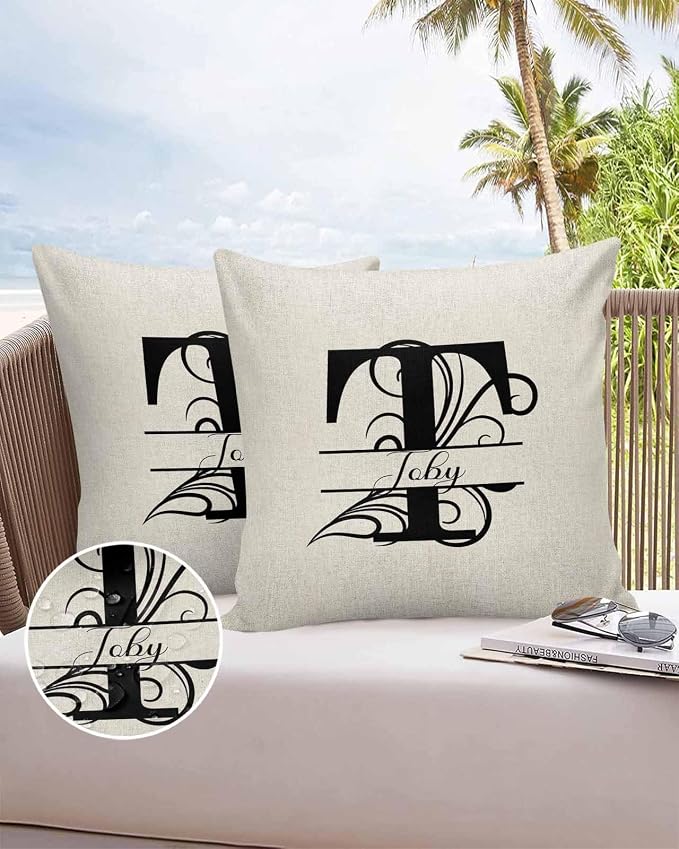 Personalized Gifts for Women/Men, Custom Pillow Case with Name Outdoor Waterproof Pillowcase, Letter T Customized Pillow Cases for Patio, Monogram Words Customs Pillow Cover 18" x 18", 2 Pcs
