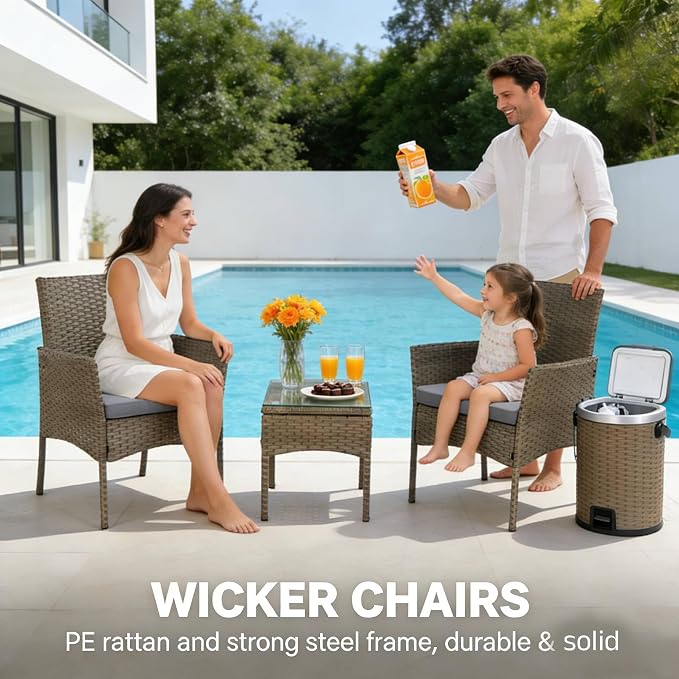 UNITED FLAMES 3-Piece Outdoor Wicker Bistro Set, PE Rattan Patio Chairs & Side Table with Cushions, Weather Resistant Conversation Set for Balcony, Porch, Garden (Grey)