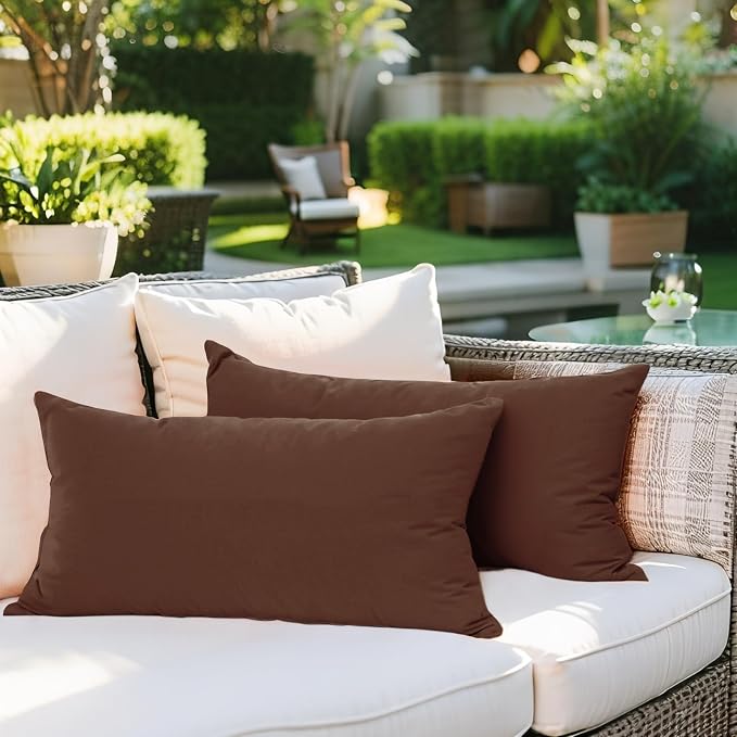 SK Studio Outdoor Water Resistant Throw Pillows, Decorative Patio Lumbar Cushions, Fluffy Furniture Garden Cushions for Home Patio Coach Sofa Use, Pack of 2, Dark Brown, 18x18 Inch