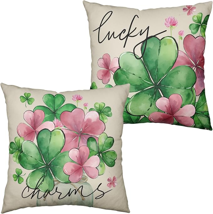 Green Pink Shamrock Pillow Covers 20x20 Set of 2 St Patricks Day Square Cotton Linen Pillow Cases Lucky Charms March Cushion Cases for Couch Sofa Home Indoor Outdoor Decor
