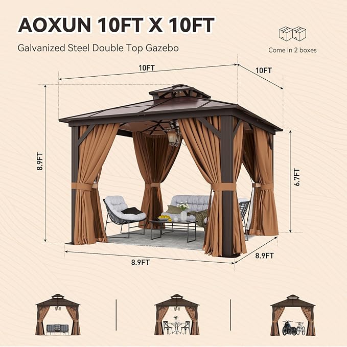 Aoxun 10'x10' Hardtop Gazebo, Outdoor Metal Gazebo with Double Polycarbonate Roof Canopy, Permanent Pavilion with Netting and Curtains for Lawn, Garden, Patio (Khaki)