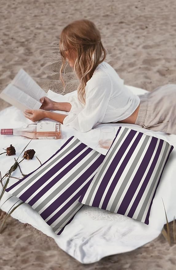 Outdoor Waterproof Pillow Covers for Patio Furniture Purple, Grey and White Stripes Decorative Throw Pillow Cover Farmhouse Stripe Pillowcases Set of 2 Cushion Case for Sofa Couch Chair 20 x 12 In