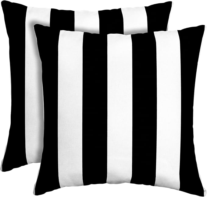 Arden Outdoor Toss Pillow, 2 Pack, 16 x 16, Rain-Proof, Fade Resistant Black Cabana Stripe
