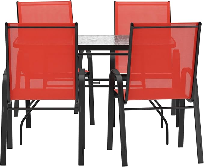 Merrick Lane Bardwell 5 Piece Outdoor Dining Table Set for 4 with Glass-Top Patio Table and 4 Stack Chairs with Flex Comfort Material in Red