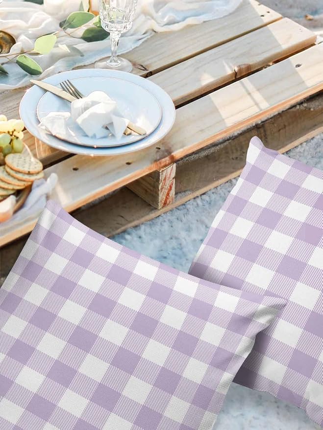 Outdoor Waterproof Throw Pillow Covers Set of 2 Lavender Buffalo Check Plaid Pillowcases 18x18 Inches Farmhouse Style Patio Decorative Pillows Cushion Case Patio Pillows for Couch Bed Chair Garden