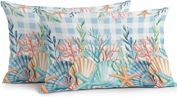Lumbar Pillow Covers 20x12 Inch Set of 2, Nautical Coastal Waterproof Outdoor Pillow Covers, Summer Beach Shell Coral Seaweed Blue Plaid Decorative Cushion Pillowcases for Couch, Sofa, Bed, Patio