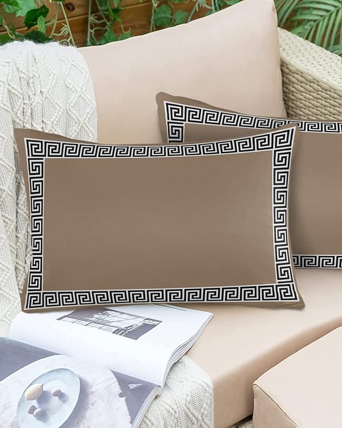 Prime Leader Outdoor Waterproof Pillow Covers Set of 2, Chinese Style Pattern Brown Background Patio Throw Pillow Covers, Decorative Cushion Case for Couch Sofa Furniture Garden, 20x12 Inch