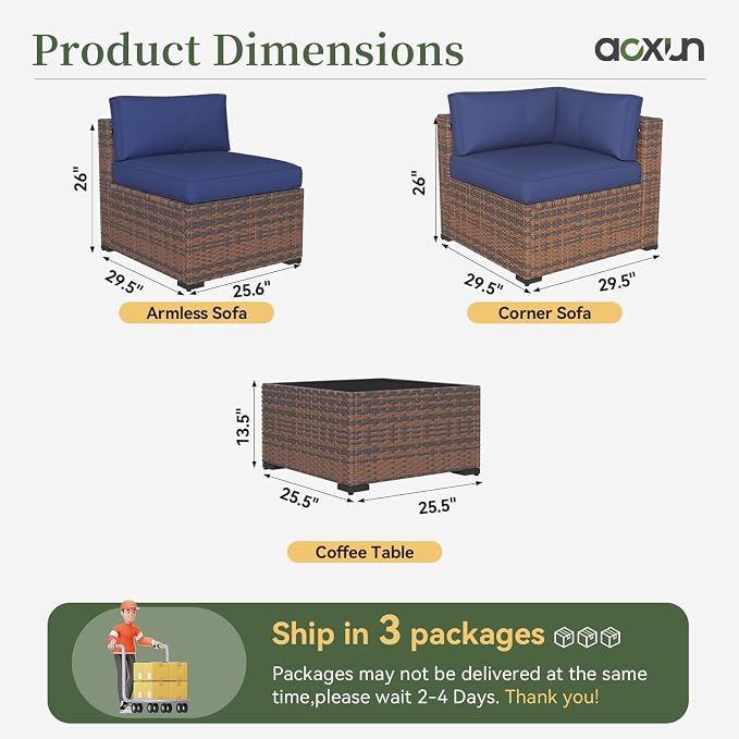 Aoxun 11 Piece Patio Furniture Set Wicker Rattan Patio Conversation Set Outdoor Sectional Sofa Set with Coffee Table and 4” Thickened Cushions, Blue
