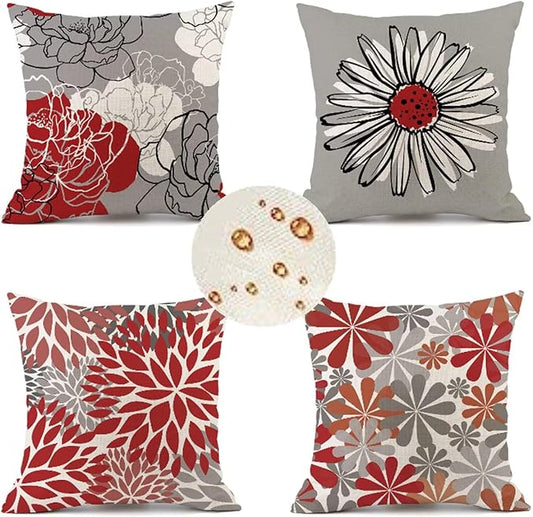Outdoor Throw Pillow Covers 26x26 in Set of 4 red Pillow Covers flower Decorative Pillows Waterproof Linen Outdoor Pillowcases Sofa Cushion Covers for Garden Patio Bench Chair Outdoor Home Decor Gifts