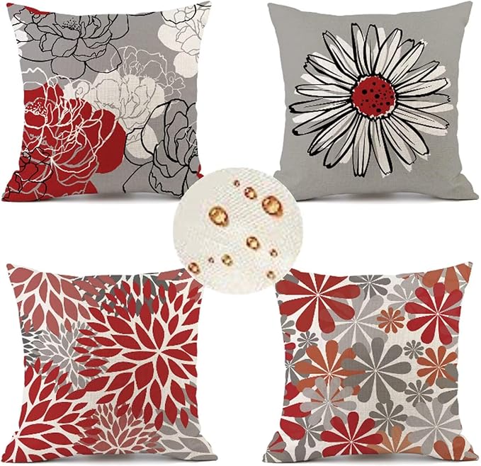 Outdoor Throw Pillow Covers 32x32 in Set of 4 red Pillow Covers flower Decorative Pillows Waterproof Linen Outdoor Pillowcases Sofa Cushion Covers for Garden Patio Bench Chair Outdoor Home Decor Gifts