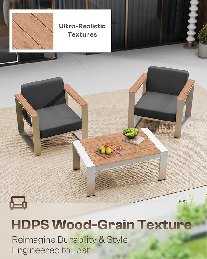 Aluminum Outdoor Patio Furniture, 1 Piece Loveseat, All-Weather Outside Sofa for Deck, Porch (Teak-Charcoal)