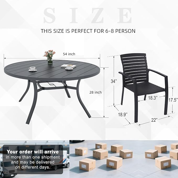 Outdoor Patio 58" Round Table and Aluminum Resin Chairs Dining Set of 7 | Aluminum Frame Chairs, Resin Chair Seat, Resin Chair Back, 6 Piece Stackable Chairs, 1 Piece Black Metal Table, 6 Person Set