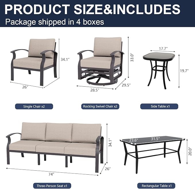 Kurapika Aluminum Patio Furniture Set 7-Seat Modern Outdoor Conversation Sets w/Swivel Rocking Chairs with Rectangular Coffee Table, Sand