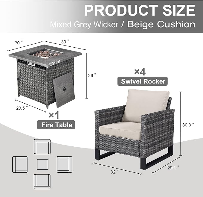 Belord 5 Pieces Wicker Patio Furniture Set: 4 Outdoor Club Chairs Patio Conversation Set with 50000BTU Propane Fire Pit Table, All Weather Brown Rattan Anti-Rust Frame, Beige Cushion