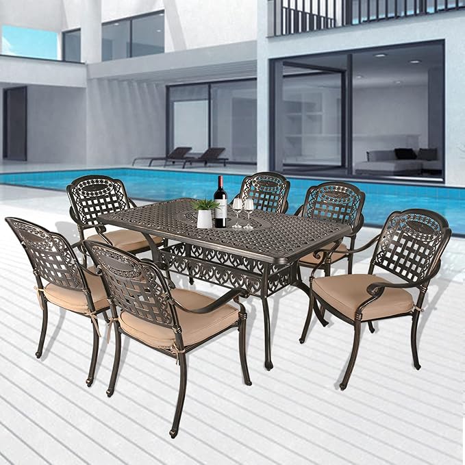 TITIMO 7-Piece Outdoor Furniture Dining Set, All-Weather Cast Aluminum Conversation Set Includes 1 Rectangular Table and 6 Chairs with Khaki Cushions and Umbrella Hole for Patio Garden Deck