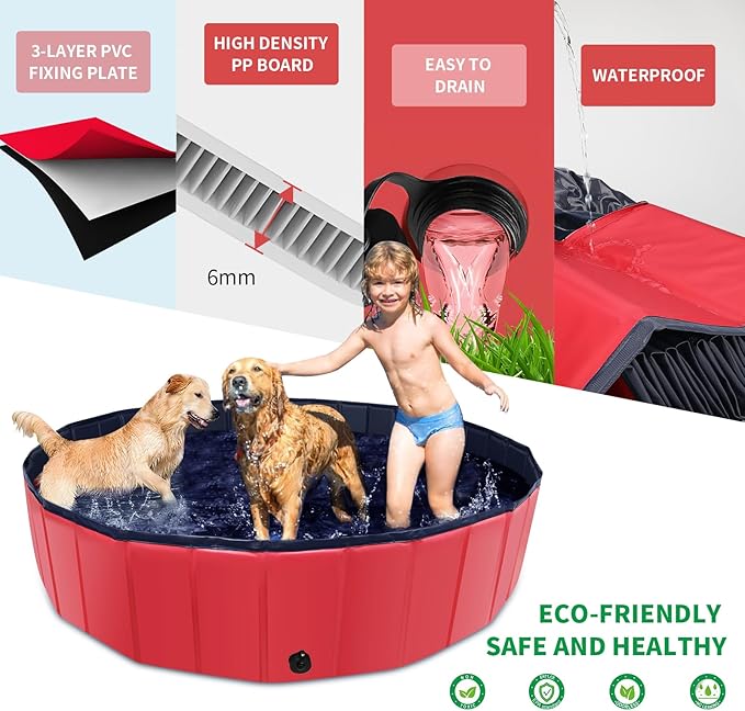 CACSPS Foldable Dog Pool, 39" x 12" Kiddie Pool with Hard Plastic, Non-Slip Dog Bath Tub for Outdoor Backyard, Collapsible Dog Swimming Pool for Kids Dogs Pets (Red)