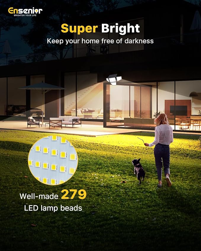 Ensenior Solar Lights Outdoor 2600LM, Motion Sensor Outdoor Light with Remote Control, IP65 Waterproof 279 LED 4 Heads Solar Security Light with 4 Mode, 270° Wide Angle Solar Flood Light, 2 Packs