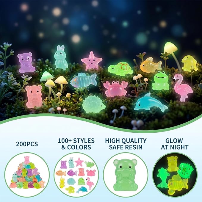 200 Pcs Mini Resin Animals Blind Bags, Glow in The Dark & Glitter Mystery Animals, Individually Wrapped Tiny Luminous Miniatures for Fairy Garden, Micro Landscape, DIY Crafts