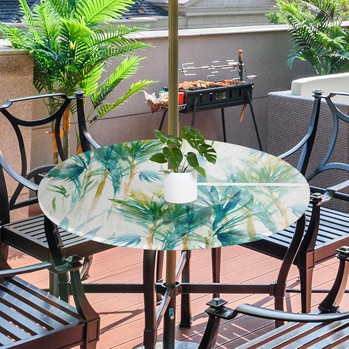 Fitted Round Tablecloth with Umbrella Hole and Zipper Tropical Trees Outdoor Elastic Table Cloth 36"-44" Oil-Proof Waterproof Abstract Tree Patio Table Cover for Picnic Party