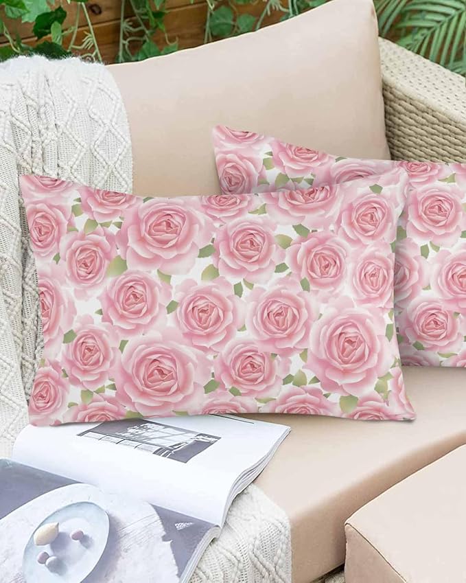 Vandarllin Outdoor Throw Pillows Covers 20x12 inch Set of 2 Waterproof Pink Rose Floral Decorative Zippered Cushion Covers for Patio Furniture, Flowers Leaves Plants Lumbar Pillowcases