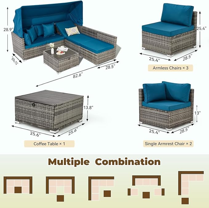 6-Piece Outdoor Patio Furniture Set with Retractable Canopy, Grey Rattan Sectional Sofa with Adjustable Backrest, Conversation Set for Garden Deck Backyard Lounge Area(Gray)