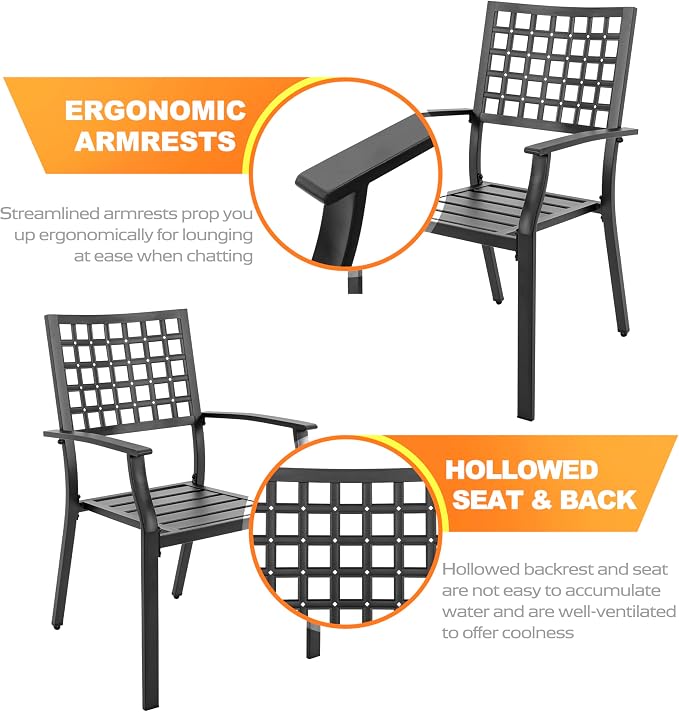 NUU GARDEN 7-Piece Outdoor Dining Chair and Table Set, 6 Stackable Metal Dining Chairs, 61" x 37" Rectangle Metal Dining Table with 1.6" Umbrella Hole, for Backyard, Deck, Yard, Garden, Black