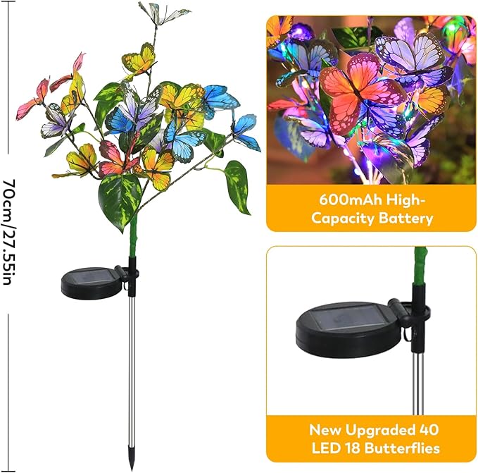 Solar Garden Lights Outdoor Waterproof Solar Lights 2 Pack with New Upgraded 40 LED 18 Butterfly Outdoor Lights for Yard Outside Garden Pathway Decor,Christmas Decorations Gifts for Women Mom