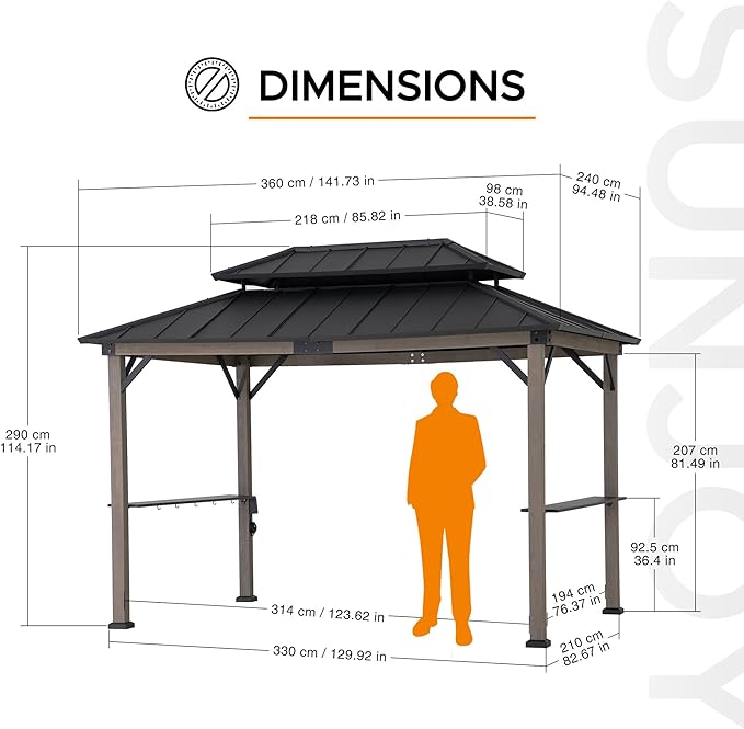 Sunjoy Wooden Grill Gazebo, 8 x 12 ft. Steel Hardtop Outdoor Gazebo for Year-Round Grilling, 2 Full Size Grills, Griddles or Smokers - Cook Station, Barbeque, Built-in Electrical Outlets, Black