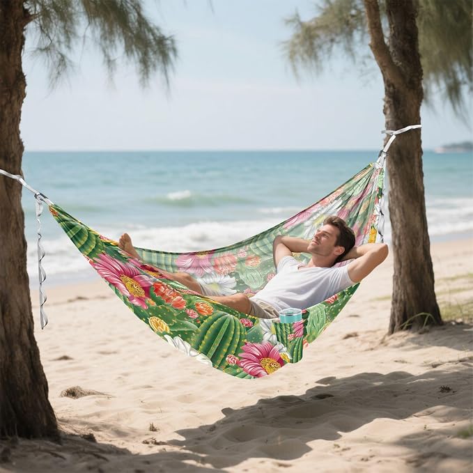 Camping Hammock Outdoor Hammocks for Outside Cactus Flowers Beach Trees Portable Lightweight with Pockets Tree Straps Indoor
