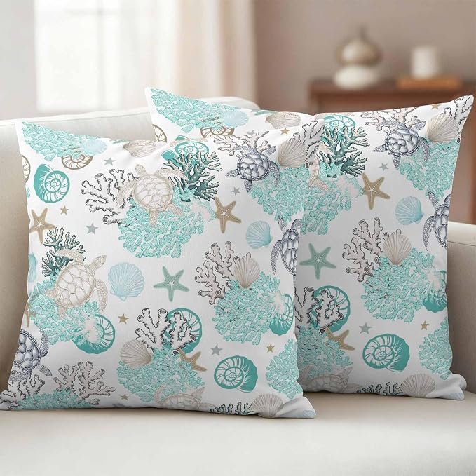 Summer Coastal Outdoor Pillow Covers Set of 2, Ocean Sea Turtle Seaweed Decorative Waterproof Throw Pillowcase Teal Grey Abstract Art Cotton Linen Soft Cozy Cushion Cover Pillowsham 20x20In