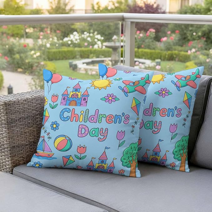 Pack of 2 Children's Day Outdoor Pillow Covers Decorative, Waterproof Pillow Protector, Airplanes Sailing Boats Tree Cartoon Blue Throw Pillowcases Accent Cushion Cases for Patio Couch Sofa 26"x26"