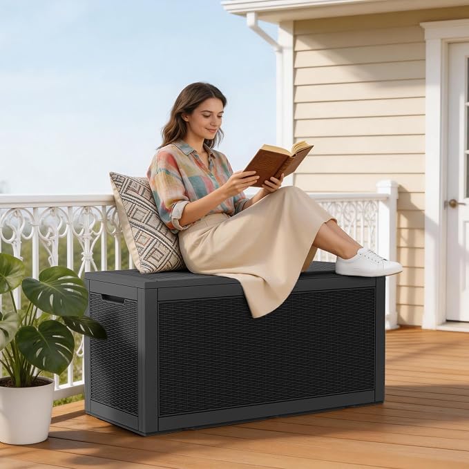 Mars Villa 100 Gallon Outdoor Storage Box, Resin Deck Box Waterproof for Patio Furniture Cushions, Pool Supplies, Gardening Tools, Weatherproof and UV Resistant
