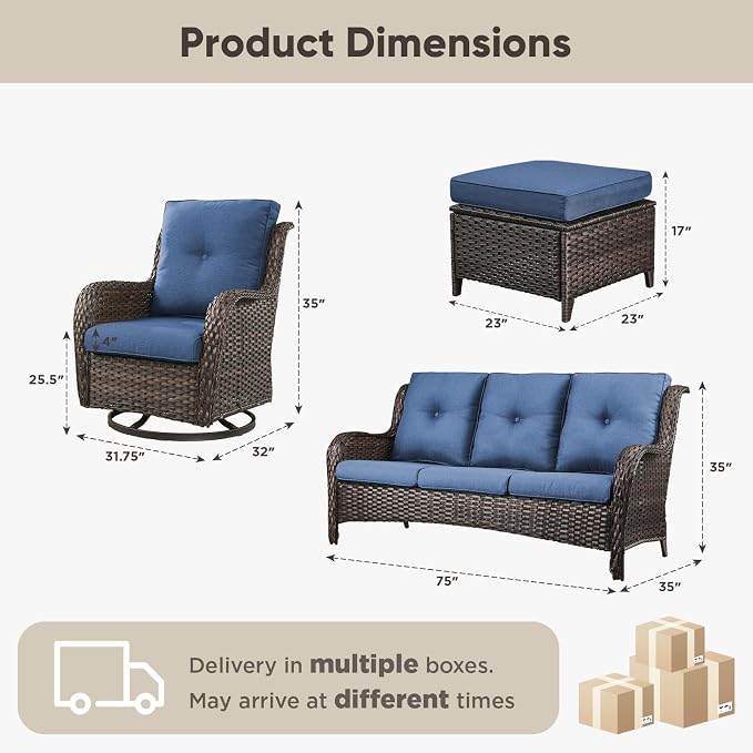 Belord 5 Piece Wicker Patio Furniture Set, Outdoor Swivel Rocker Chairs Set of 2 with Ottomans and 3 Seater Sofa, All Weather Patio Conversation Furniture Set, for Porch Pool, Brown Wicker/Blue
