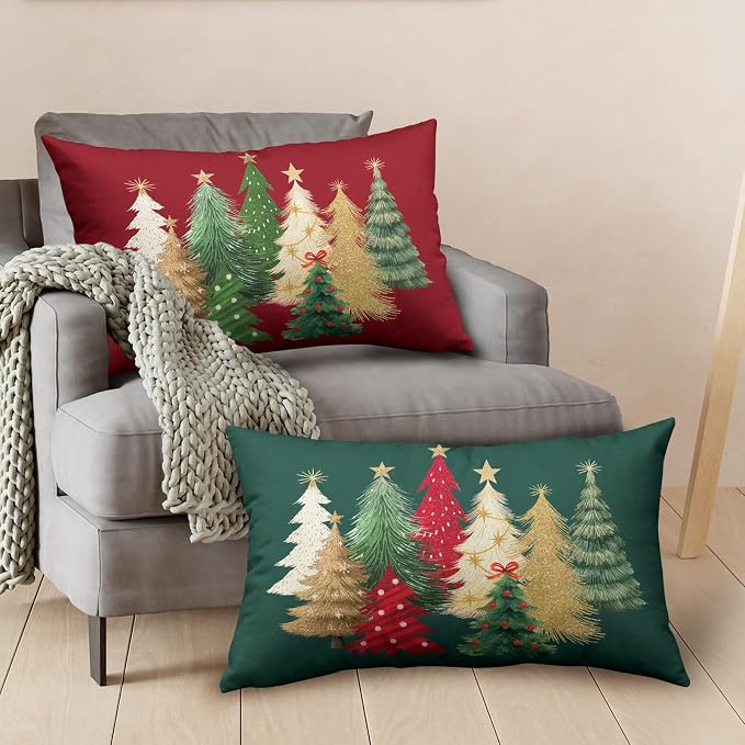 Green and Red Christmas Lumbar Pillow Covers Set of 2 Colorful Xmas Tree Throw Pillow Covers 12x20 Winter Rectangular Pillow Case Holiday Cushion Case for Couch Sofa Decor