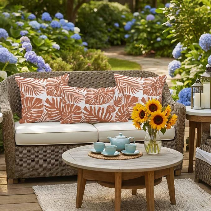 Burnt Orange Palm Leaves Outdoor Pillow Covers 26"x26" Set of 2, Tropical Botanical Minimalist Modern Waterproof Throw Pillow Covers for Patio Furniture, Decorative Cushion Covers for Porch