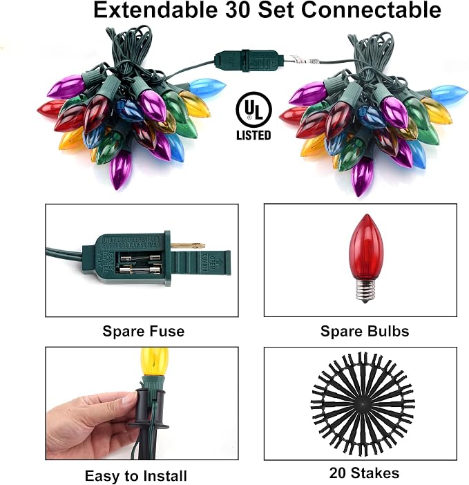 TIORIY C9 LED Christmas Pathway Lights Outdoor, 24.2ft Multicolored LED Christmas Light with Stakes, Connectable 30 Sets Xmas Decoration Light Outside, Walkway String Light