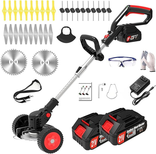 Electric Cordless Weed Wacker Eater with 4 Types Blades & Wheels 2 X 2.0Ah Battery Powered 3-in-1 String Trimmers/Grass Trimmer/Lawn Edger/Brush Cutter Lightweight Garden Tool for Garden Yard