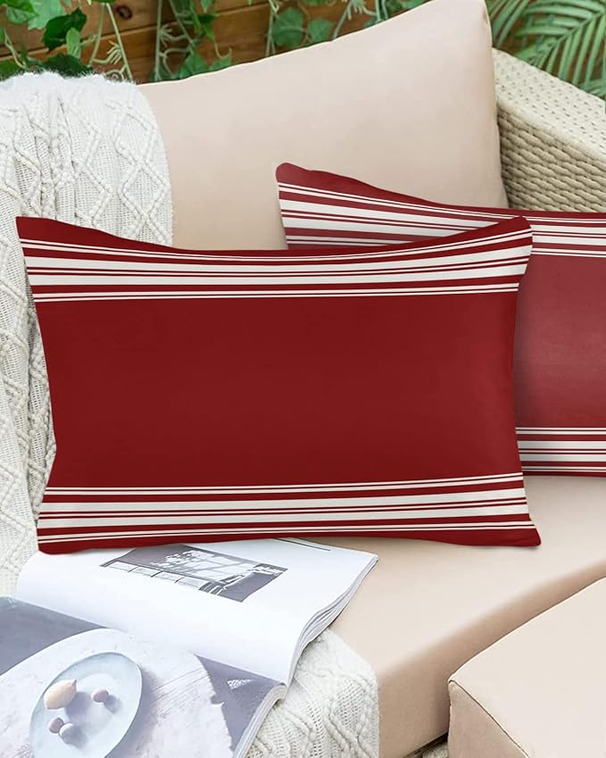 Vandarllin Outdoor Throw Pillows Covers 12X20 Set of 2 Waterproof Burgundy Red Stripe Decorative Zippered Lumbar Cushion Covers for Patio Furniture, French Stripe Farmhouse Style