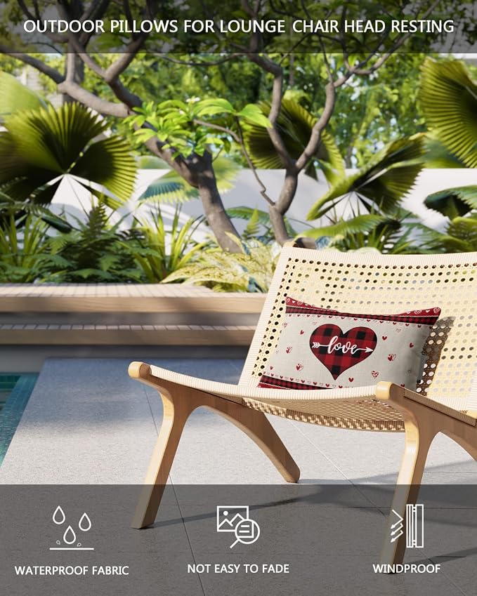 Outdoor Pillows Covers with Inserts Love Heart Black and Red Buffalo Plaid Waterproof Recliner Pillow with Adjustable Strap Throw Pillows for Patio Furniture Pool Lounge Chair, 12x20 inch, 2PCS