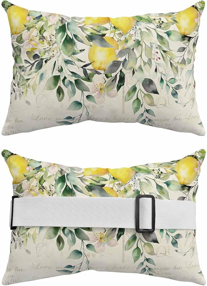 Lumbar Pillow Covers Set of 4, Summer Lemon Waterproof Outdoor Chaise Lounge Pillow Covers with Elastic Strap, Spring Eucalyptus Leaves Botanical Vintage Headrest Pillowcase for Patio, 11 x 16