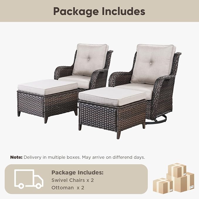 Belord Outdoor Swivel Chairs Set of 2,Patio Wicker Rocker Chairs with Ottomans, All Weather Patio Conversation Furniture Set, Ideal for Porch Balcony Deck Yard, Brown Wicker/Beige