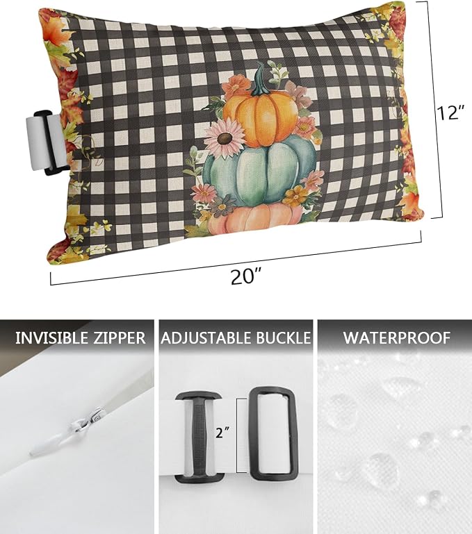 Outdoor Pillows Covers with Inserts Thanksgiving Pumpkin Flowers Fall Black Buffalo Plaid Waterproof Pillow with Adjustable Strap Throw Pillows for Patio Furniture Recliner Lounge Chair, 12"x20", 2PCS