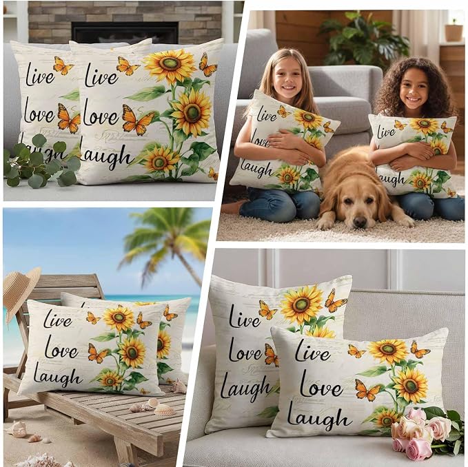 Live Love Laugh Outdoor Waterproof Throw Pillow Covers Set of 2, 18"x18", Sunflower Butterfly Rustic Watercolor Floral Decorative Pillow Covers Outside Cushion Case for Patio Porch Garden