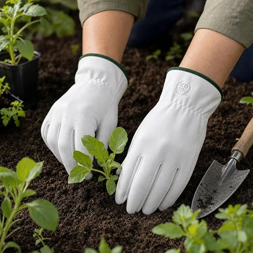Leather Work Gloves, Gardening Gloves for Women and Men, Soft and Thin Goatskin Garden Gloves for Outdoor Yard Garden, S