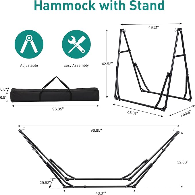 Ainfox Hammock with Foldable Stand, 2 in 1 Hammock and Swinging Chair with Carrying Bag, Portable Camping Chair Suitable for Outside, Swing,Patio,Garden,Camping Trip Black