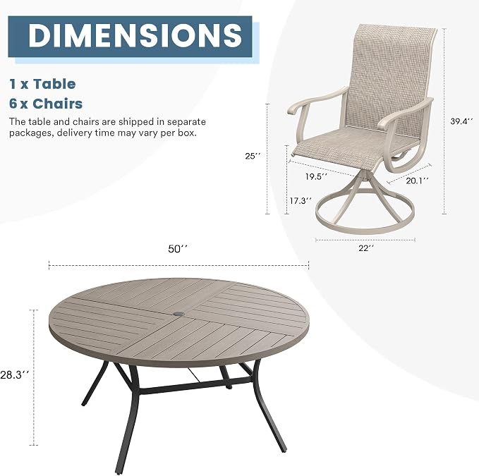 DIFY Patio Table and Chairs Set for 6, 7 Piece Outdoor Dining Set, 50" Grey Wood-Like Round Metal Dining Table with Umbrella Hole and 6 Sandshell Textilene Swivel Patio Chairs, for Garden Backyard