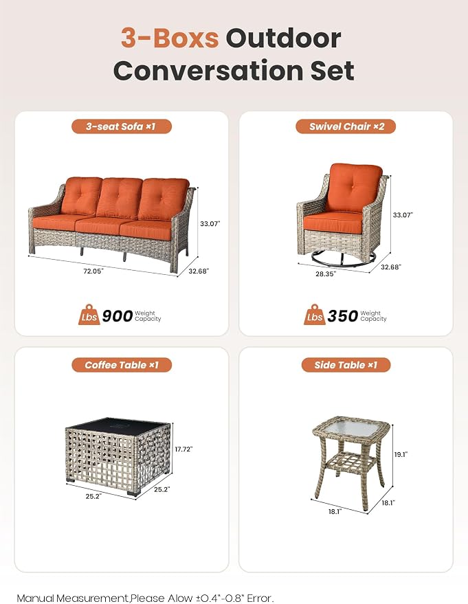 ovios 5 Piece Outdoor Patio Furniture with 3 Seat Sofa,Rattan Wicker Coversation Set with Swivel Rocking Chair,Balcony Sofa Set with Shiny Table for Outside Porch Backyard Pool, Orange