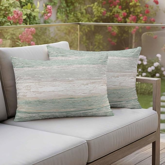 Outdoor Waterproof Throw Pillow Covers, Vintage Sage Green Grey Decorative Pillow Cases, Farmhouse Barn Wooden Striped Couch Pillow Protector Patio Sofa Cushion Covers Replacement 20"x12" 2 Pack